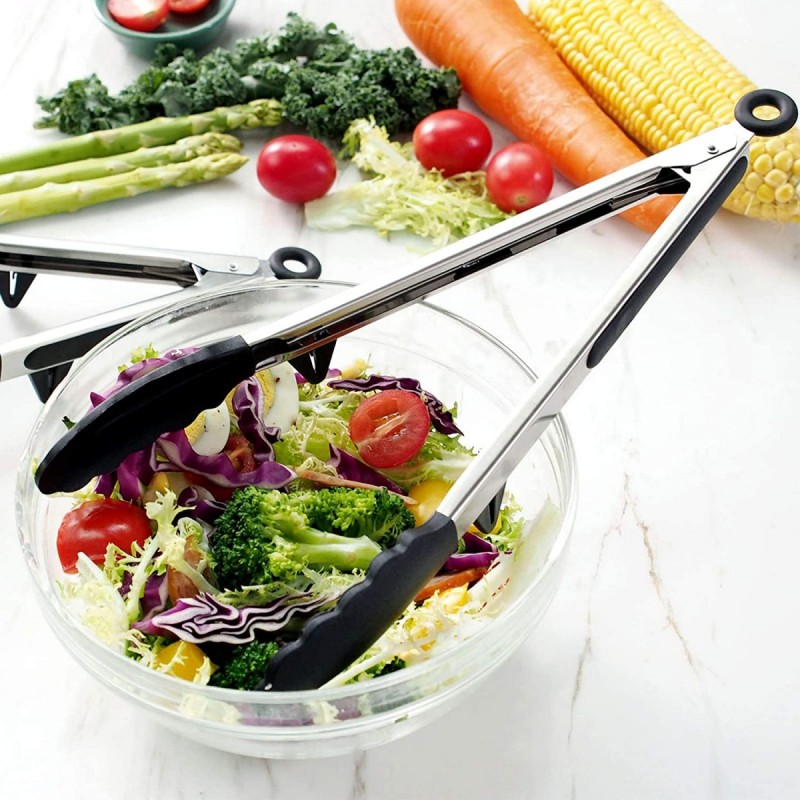 2PC Pack Stainless Steel Manual Salad Food Serving Tongs 9 Inch 12 Inch Silicone Kitchen Baking Cook图7