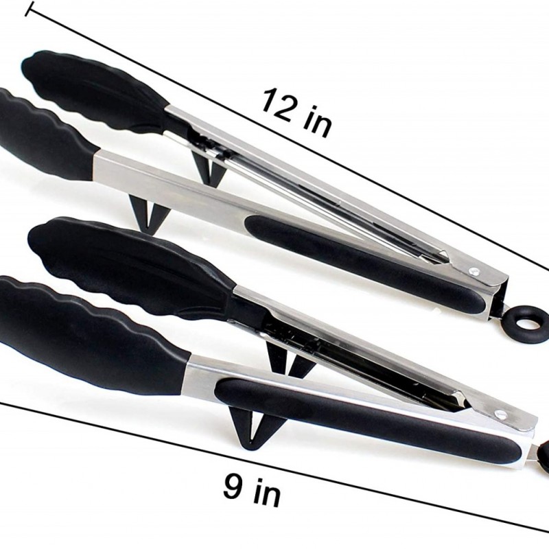 2PC Pack Stainless Steel Manual Salad Food Serving Tongs 9 Inch 12 Inch Silicone Kitchen Baking Cook图8