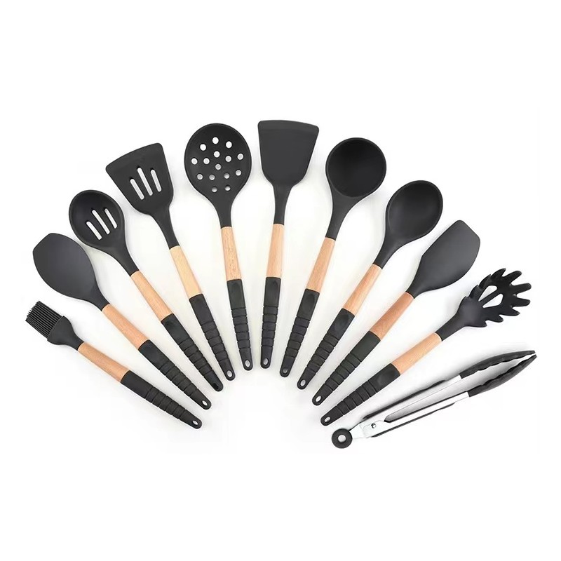 Wooden handle with silica gel colander spatula spoon kitchen utensils set 12 pieces图2