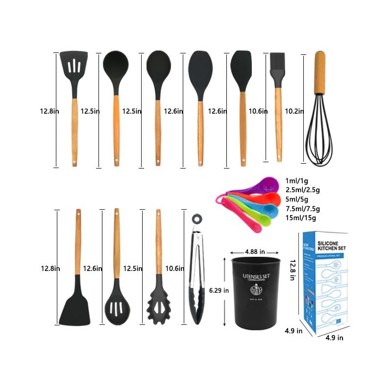 17 Pieces In 1 Set Heat Resistance Kitchen Accessories Wooden Handle Cooking Tools Utensil Set Silic图2