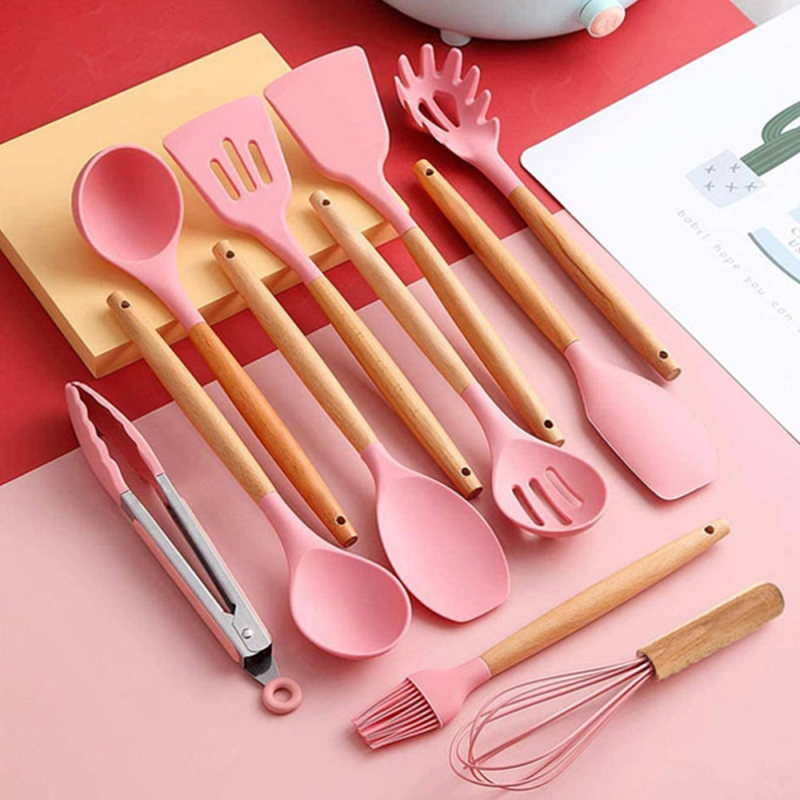 12PCS in 1 Set Silicone Cooking Utensils Set Kitchenware Non Stick with Wodden Handle图1